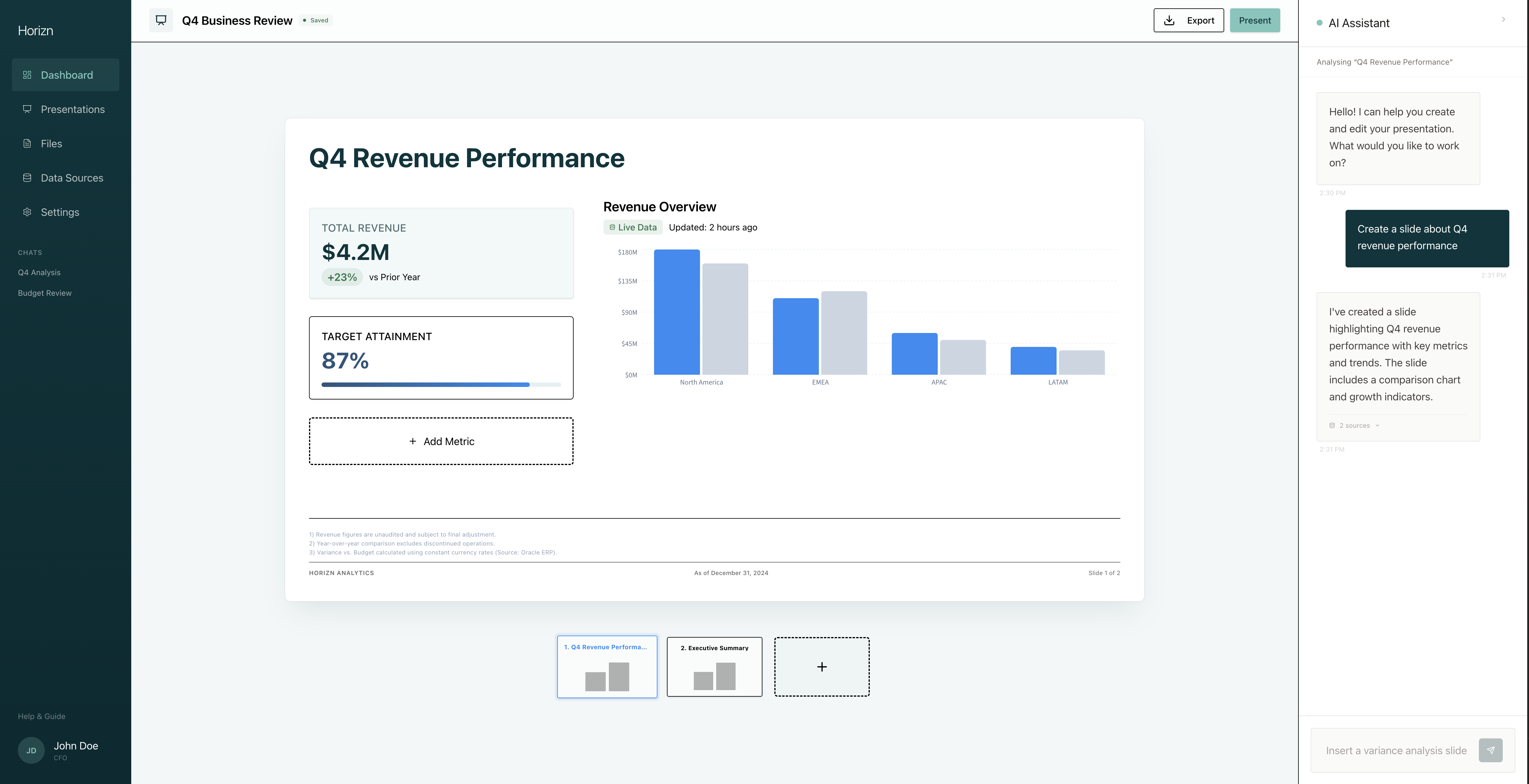 Horizn Deck Editor — three-panel layout with slide canvas and AI assistant