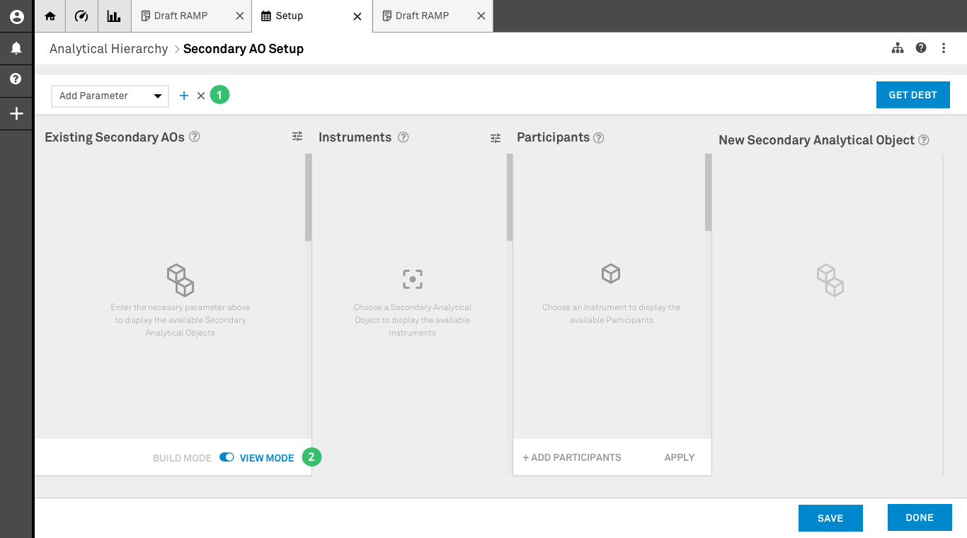 Empty state — Parameter Bar and four columns